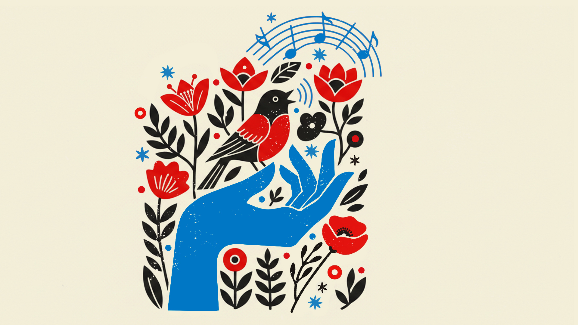 Let Her Sing 2026 artwork: a songbird sings from a blue open hand among red poppies.